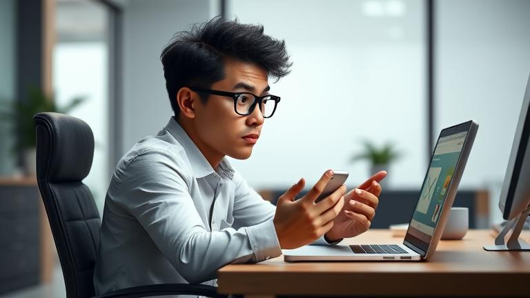 alt_text: Concerned person at desk with laptop and phone, focusing on TWC email management.