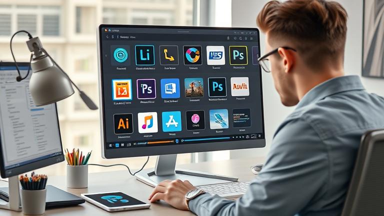 alt_text: Person compares photo editing software options in a modern workspace with editing tools.