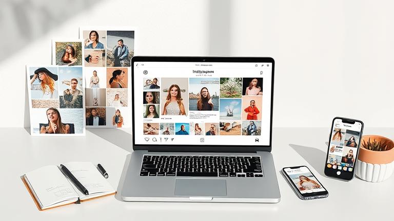 alt_text: Modern workspace with laptop editing Instagram grid, surrounded by mood boards and planning tools.