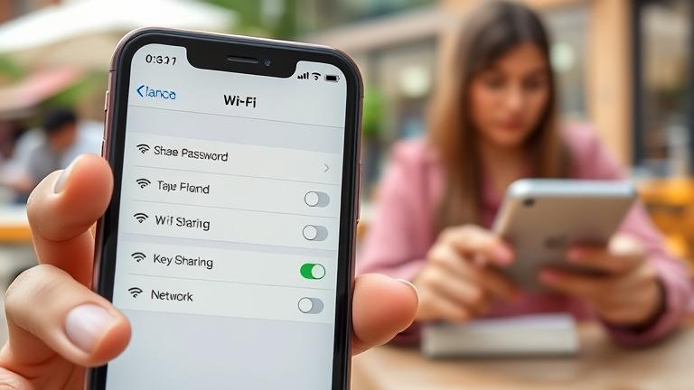 alt_text: iPhone Wi-Fi sharing feature in use, outdoors or at a café, showing password sharing option.
