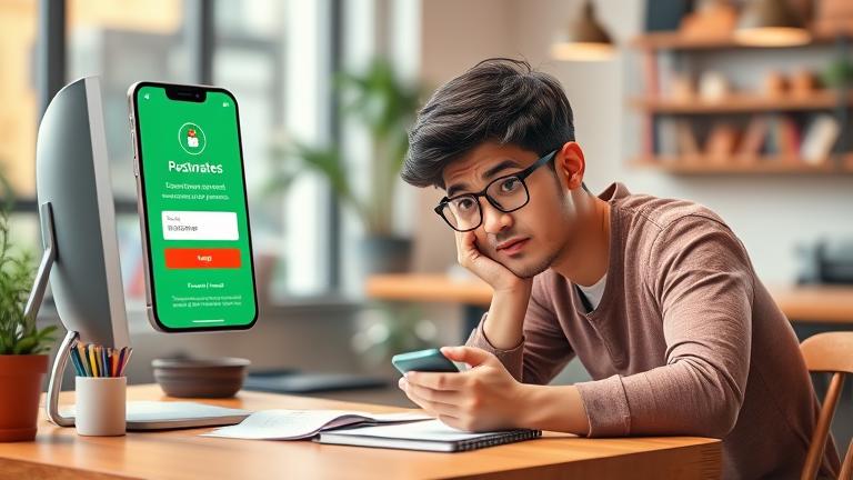 alt_text: Person focused on phone and notes trying to recover their Postmates account at home or café.