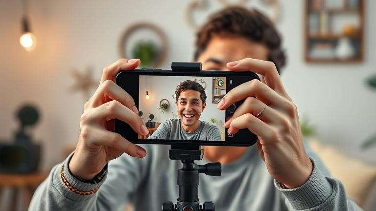 alt_text: Person records a reaction video on iPhone in cozy room with natural light.
