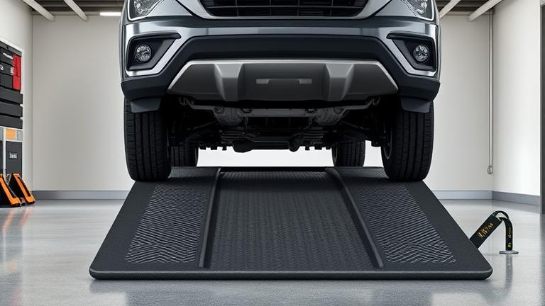 alt_text: Technician safely stabilizes a car ramp with grip mats, wheel chocks, and straps.