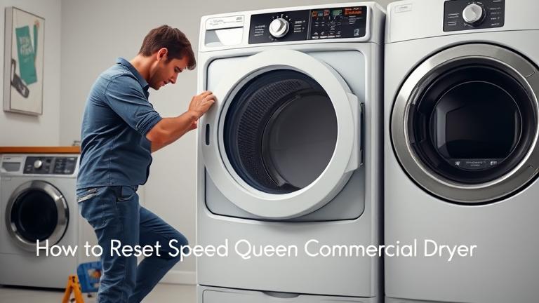 Technician resetting a Speed Queen dryer with tools, open panel, control lights, in a bright laundry room.