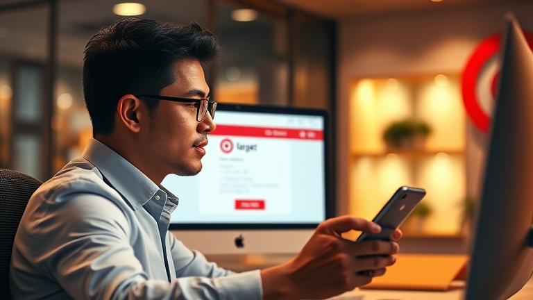 alt_text: Person deleting Target account on device in modern setting, calm and confident.