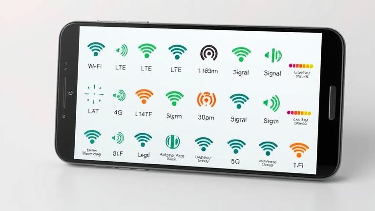 alt_text: Smartphone screen showing detailed, labeled Android signal icons like Wi-Fi, LTE, 5G, and airplane mode.