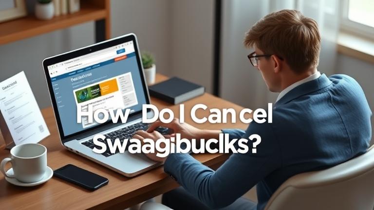 Person at desk with laptop showing Swagbucks cancel page, looking contemplative.