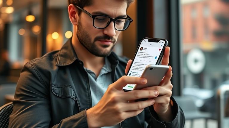 alt_text: Confident person messaging on phone in a stylish cafe, with Instagram UI elements visible.