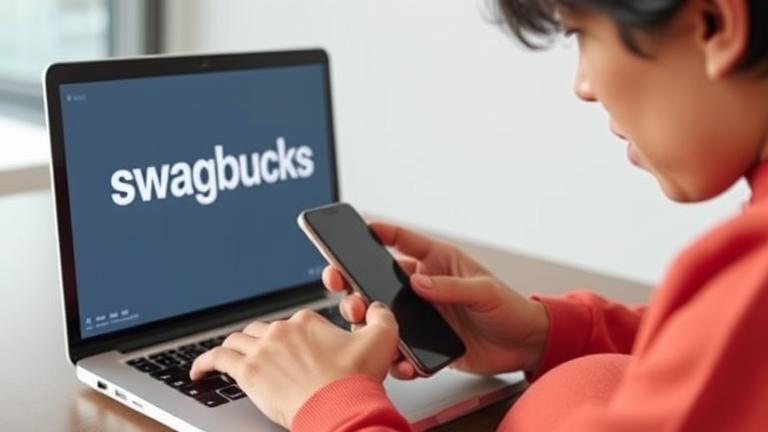 alt_text: Person puzzled while using Swagbucks on device, with logo and warm background.