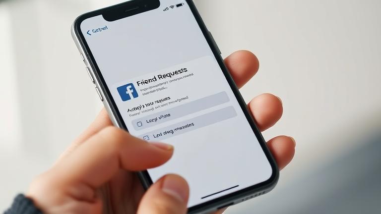 alt_text: Close-up of a smartphone with Facebook friend requests, showing accept, decline, and manage options.