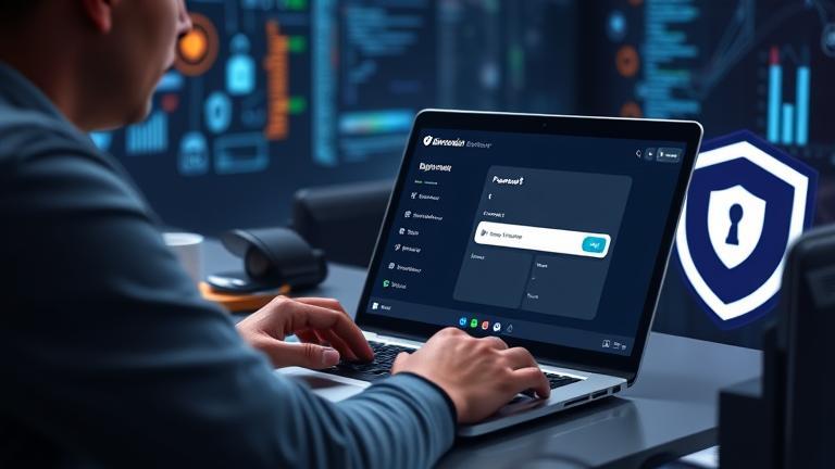 alt_text: Modern workspace showing a person using a laptop with Bitwarden, featuring duplicated entries for cybersecurity.