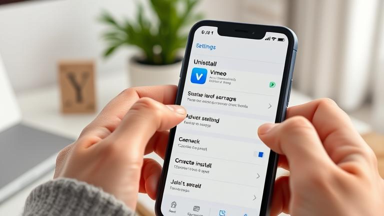 alt_text: Person uninstalling Vimeo on phone in a modern workspace, focused on settings.