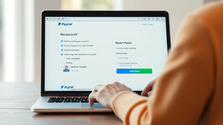alt_text: User resets PayPal account on laptop with settings and security icons visible.