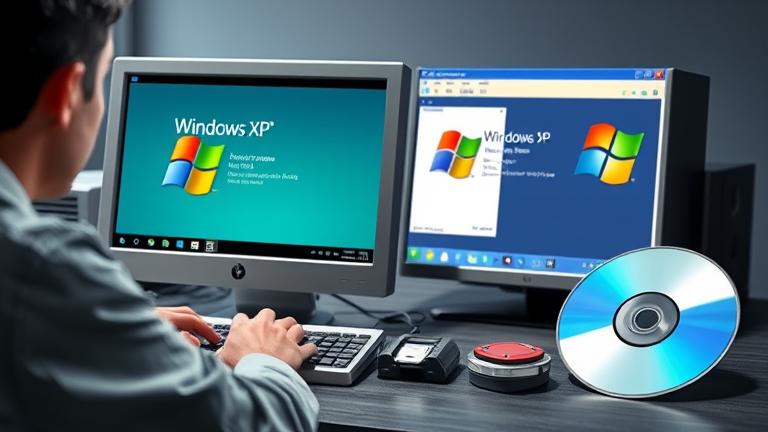 alt_text: Person creating a bootable Windows XP USB/DVD with screens, tools, and media nearby.