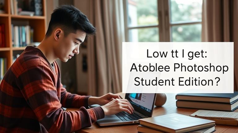 alt_text: Student working on Photoshop with textbooks, notes, and an inspiring, educational vibe.