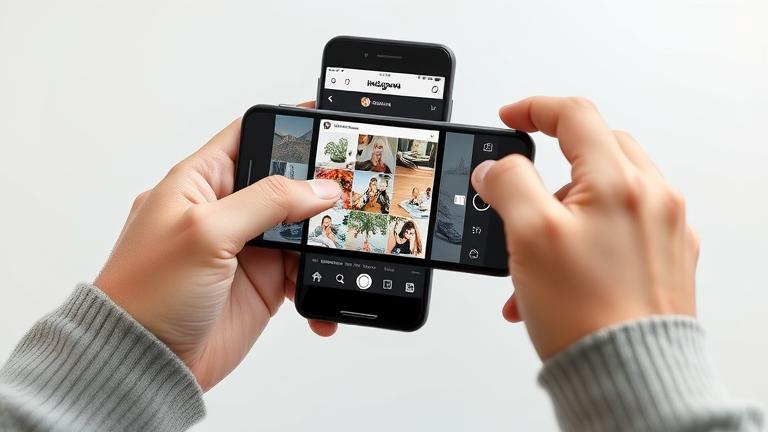 alt_text: Person moving Instagram photos on smartphone with drag-and-drop, in a vibrant, modern scene.