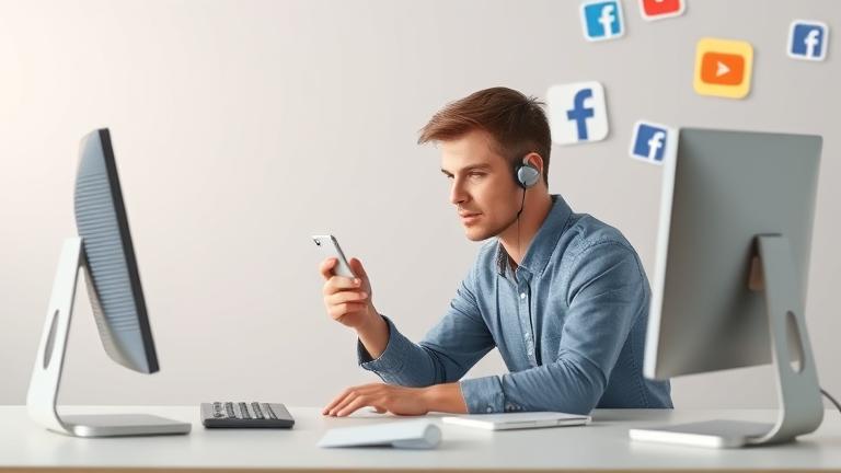 alt_text: Person focused on device with social media icons, symbolizing unlinking from Facebook.