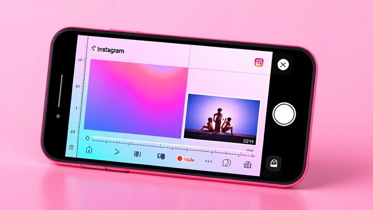 alt_text: Smartphone with Instagram story editor showing two video clips, logo, tools, and vibrant colors.