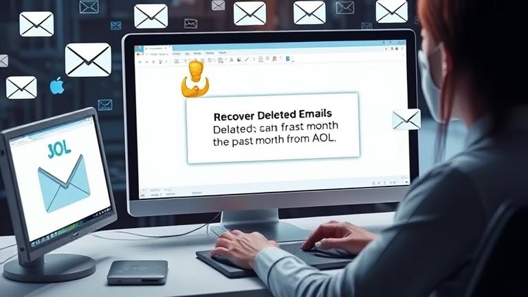 alt_text: Person at computer recovering deleted AOL emails, with inbox, calendar, and email icons.