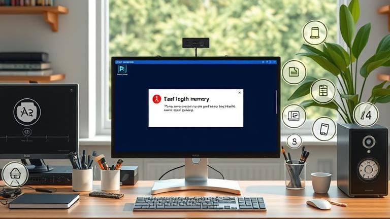 alt_text: Workspace with monitor showing Photoshop memory error, tools and icons for troubleshooting.