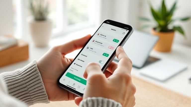 alt_text: User managing finances on Mint app with settings and account options in a modern workspace.