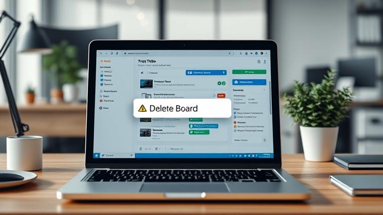 alt_text: Laptop screen showing Trello's "Delete Board" button with warning icon, in office setting.