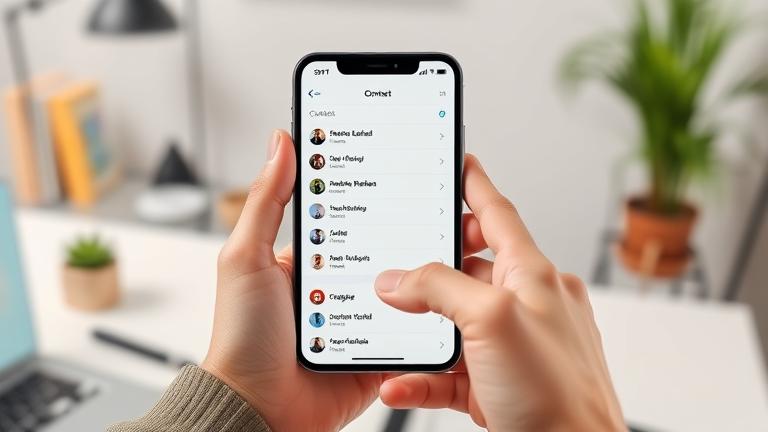 alt_text: Person holding phone with contact list, showing delete option in a modern workspace.