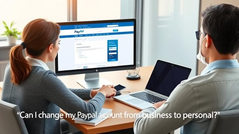 Person at desk viewing PayPal on laptop, with phone, notepad, coffee—discussing account change.