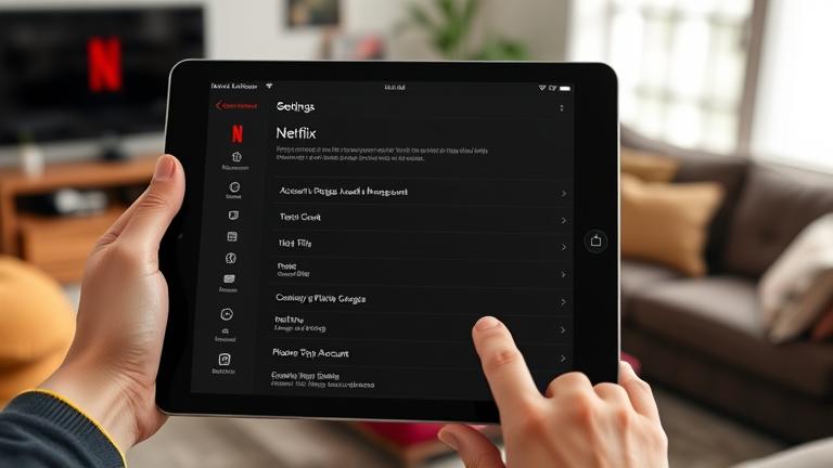 alt_text: Person with iPad in a cozy room manages Netflix account, showing logout settings.