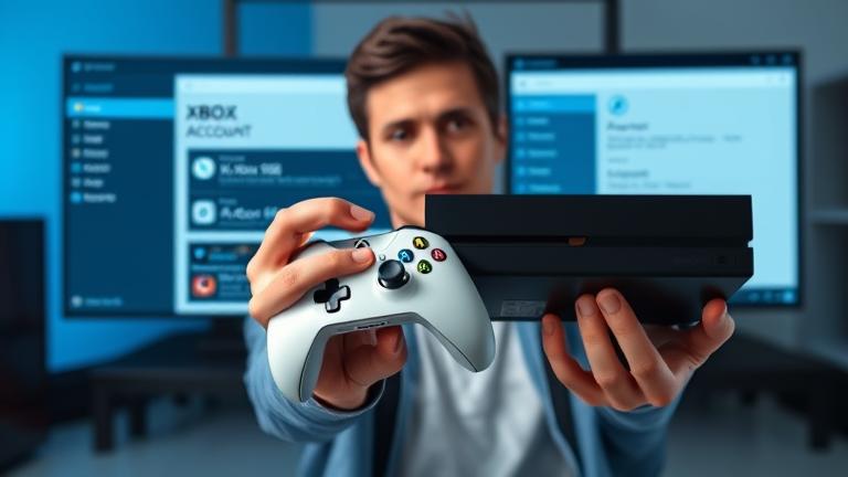 alt_text: Person holding Xbox controller with screens showing account management and security icons.
