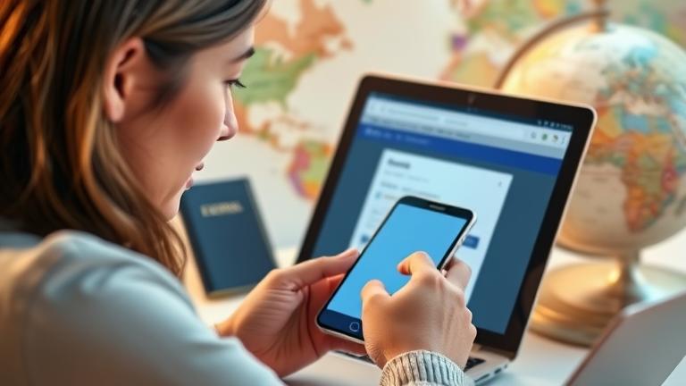 alt_text: Person using a device with travel items, managing Expedia itinerary with warm, inviting tones.