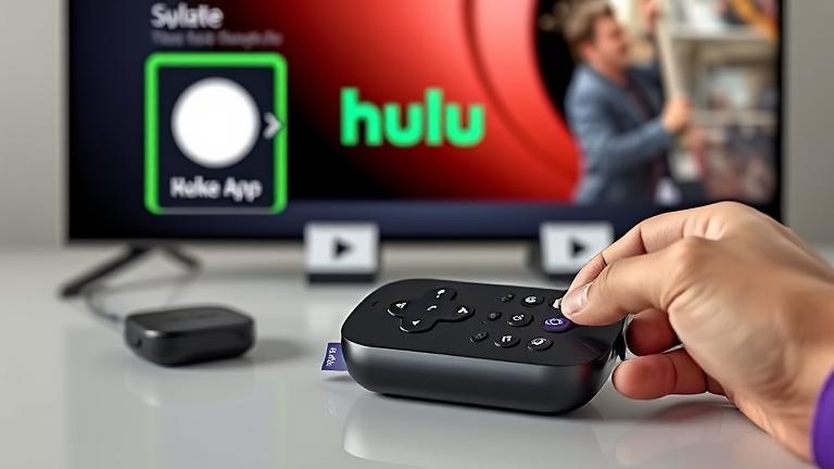 alt_text: Roku with Hulu icon, remote nearby, hand navigating—clean, bright, modern look.