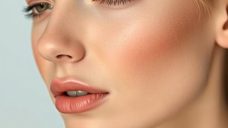 alt_text: Close-up of a woman's face showing skin retouching in Photoshop with tools and layers visible.