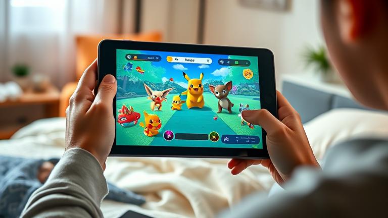 alt_text: Person playing vibrant Pokémon game on Android tablet in cozy room.
