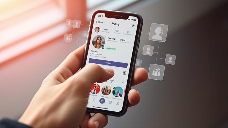 alt_text: Smartphone viewing Instagram profile history with swipe, holographic pics, modern interface.