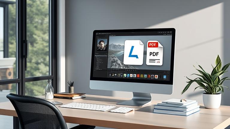 alt_text: Modern workspace with Lightroom open, showing PDF icons, questioning PDF import capability.
