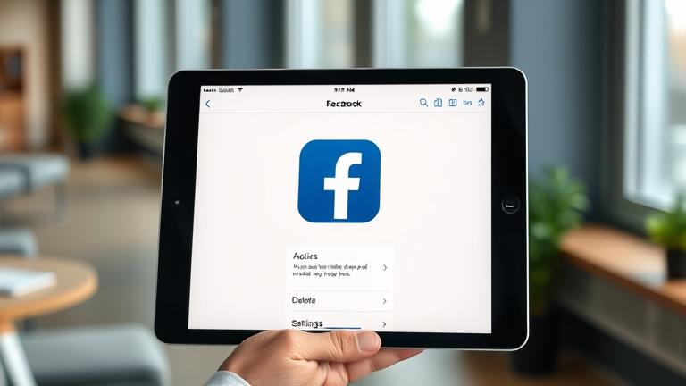alt_text: Person holding iPad with Facebook app open, showing settings for removing the app.