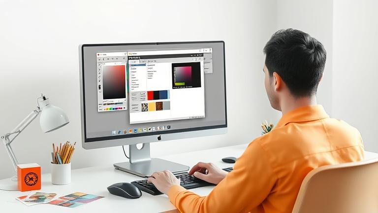 alt_text: Person using GIMP on computer, editing color separation with visible palette and layers.