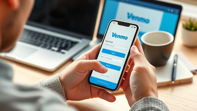 alt_text: Person setting up Venmo on phone in a bright, casual workspace with laptop, coffee, and notebook.