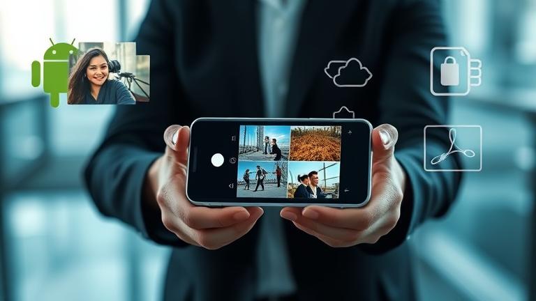 alt_text: Person restoring photos on Android, images transforming from blurred to clear, tech theme.