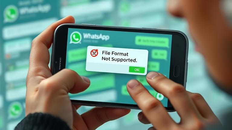 alt_text: Phone screen shows WhatsApp error "File Format Not Supported" amid chat background.