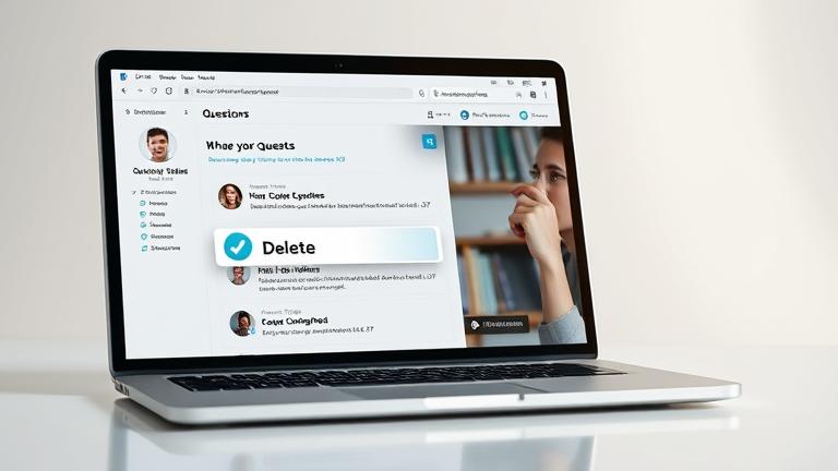 alt_text: Modern device showing Q&A with delete option, student or professional looking thoughtfully.
