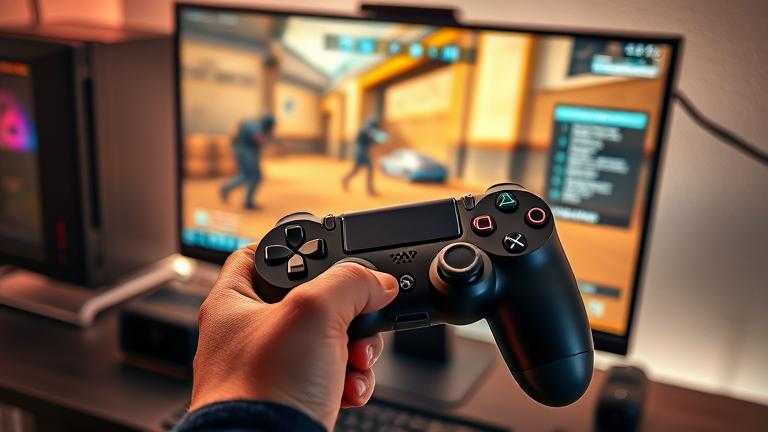 alt_text: Gamer holding PS4 controller playing CS:GO on PC with in-game action and gaming setup.