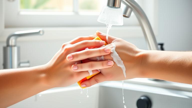alt_text: Hands cleaning a Scrub Daddy sponge with soap in a bright, shiny kitchen sink area.