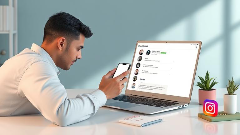 alt_text: Person manages Instagram privacy on laptop and phone in a modern, calm workspace.