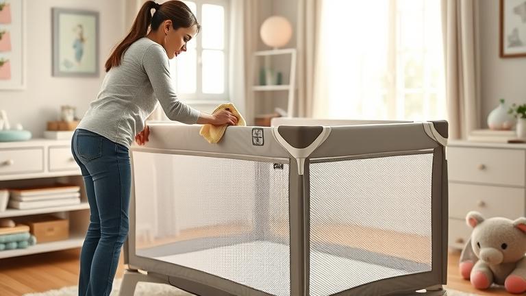 alt_text: Caregiver cleaning a Pack 'n Play in a bright, tidy nursery with toys and natural light.
