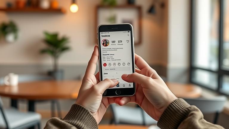 alt_text: Person holding a phone showing Instagram followers in cozy café setting.