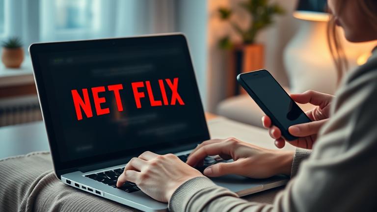 alt_text: Person managing Netflix account on laptop, looking concerned, in a modern home setup.