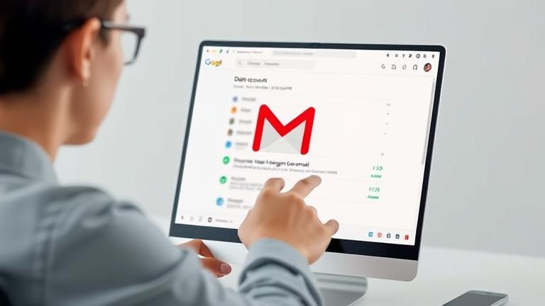 alt_text: Person navigating Gmail settings, highlighting delete account option securely.