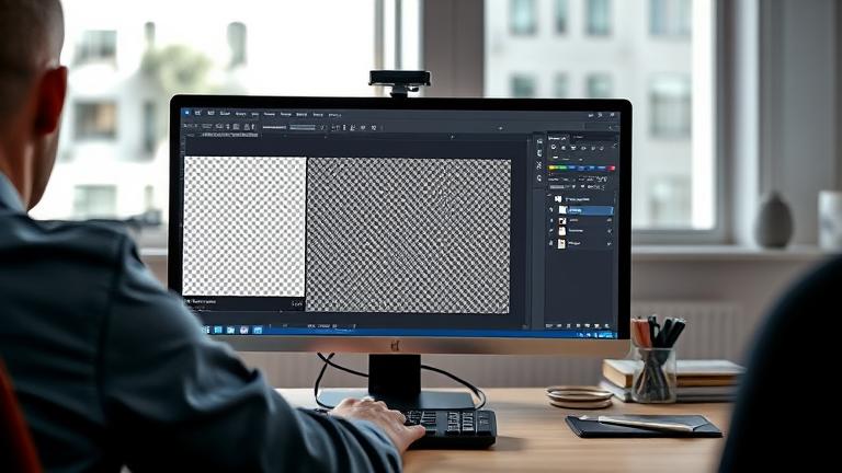 alt_text: Person working on Photoshop, removing a pattern using clone or healing tools in a professional workspace.